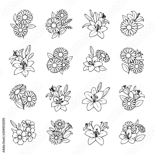 Delicate line drawings of floral bouquets and solitary blossoms on a clean white background