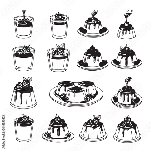 Dessert illustrations with berries and chocolate sauce in various dish styles on white
