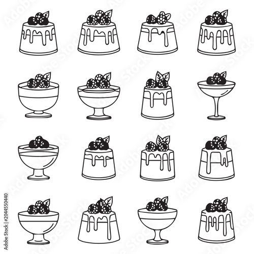 Dessert panna cotta with berries in various serving dishes and molds on white background isolated