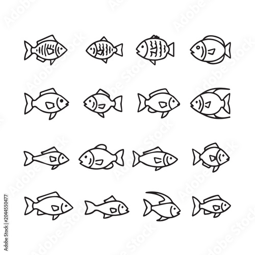 Diverse Fish Silhouettes Collection on White Background Simple Outline Graphic Design Elements