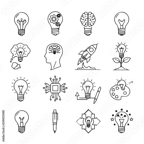 Diverse lightbulb icons representing innovation ideas and creativity in a simple line drawing style