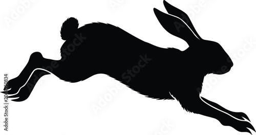Running rabbit silhouette vector, jumping hare black profile icon, wild animal leaping in motion, minimalist bunny graphic for nature logos