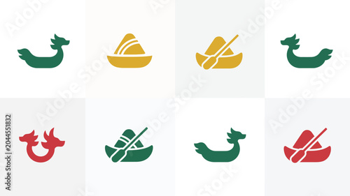 Colorful dragon boat and rice dumpling icons for traditional chinese festival events.