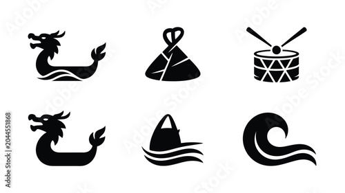 Obraz na plátně Dragon boat race symbols with zongzi food and wave icons.