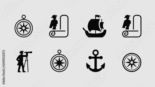 Photos Vintage exploration and travel icons with compass, ship, and navigator