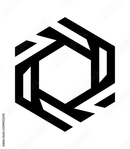 Black geometric hexagon abstract logo icon with modern lines and symmetrical shape isolated on transparent background, Vector