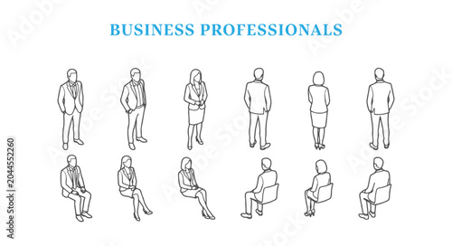 Architectural Scale Figures of Business Professionals, Isometric Business People Standing and Sitting Minimalist Line Art CAD Blocks Vector Set for 3D Diagrams and Renderings