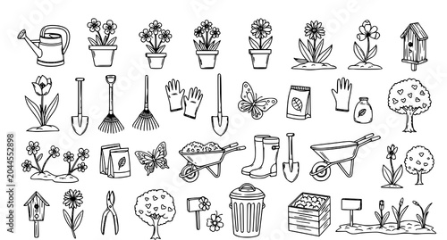 Obraz na płótnie Hand Drawn Garden Elements Vector Collection with Flowers Plants and Gardening T