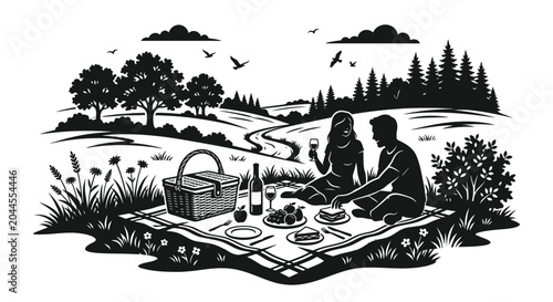 picnic scene in black and white silhouette