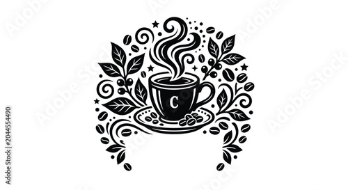 coffee cup with beans and leaves black and white