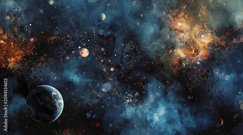 Cosmic Symphony - A Vibrant Nebula and Celestial Bodies.