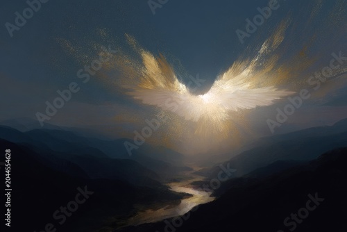 Radiant guardian angel with golden wings hovering above river valley for spiritual background and inspirational poster design