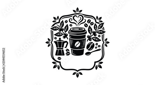 coffee cup with decorative frame silhouette beans