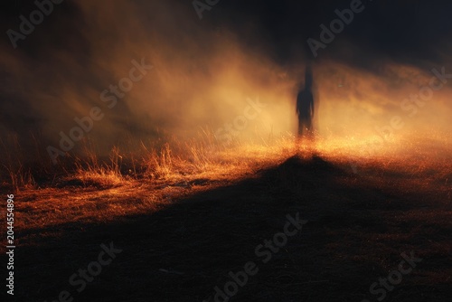 Dark shadow figure standing amid scorched grass and smoke for horror poster or atmospheric banner with dramatic warm ember tones