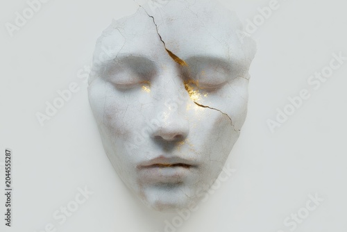 Cracked plaster healer face with golden seams and delicate damage for surreal background and art poster design