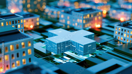Abstract digital healthcare cross on futuristic technological cityscape at night