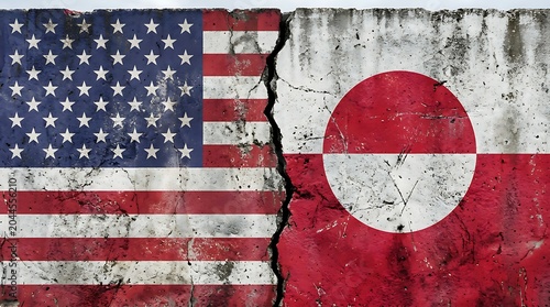 Cracked concrete wall with American and Greenland flags painted on it, symbolizing political division or conflict between USA and Greenland nations, symbolic imagery.