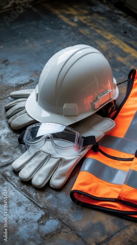 Safety gear essentials including a white hard hat clear protective goggles durable work gloves and a high visibility orange reflective vest arranged on a textured concrete surface