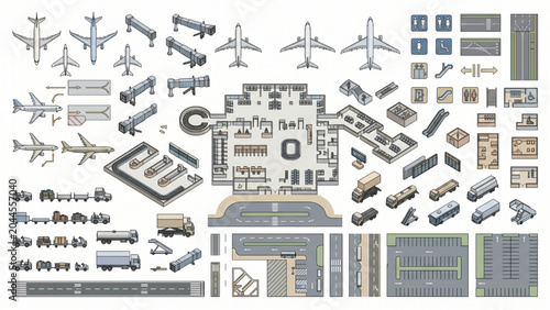 Top View Airport Terminal CAD Symbols Vector Set – Aviation Planning Elements, Runway Infrastructure Technical Line Art Isolated on White Background