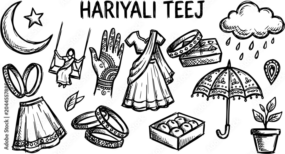 Obraz premium Hariyali Teej Indian Festival Hand-Drawn Doodle Line Art Set with Traditional Symbols, Cultural Celebration Elements