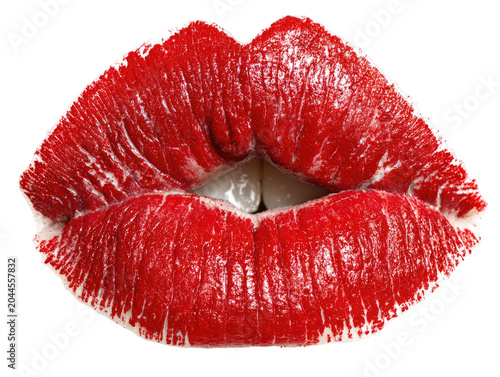 Luscious, glossy, bright red lips, slightly parted, teeth showing