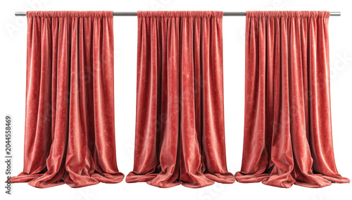 Three plush coral curtains hanging on metal rod, softly folded
