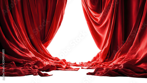 Sweeping red stage curtains reveal a dark opening
