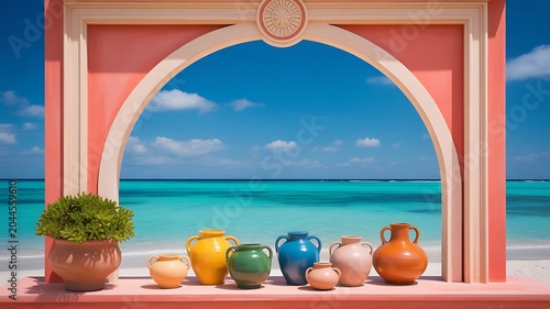 A serene beach scene through an archway with colorful vases and a plant on display