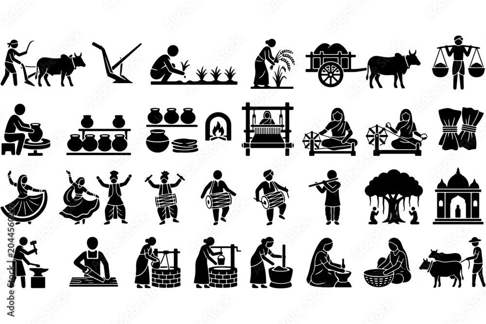 Fototapeta premium Traditional Indian Farming and Village Life Icons