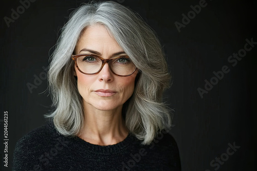 Gray-haired female director in glasses on black background