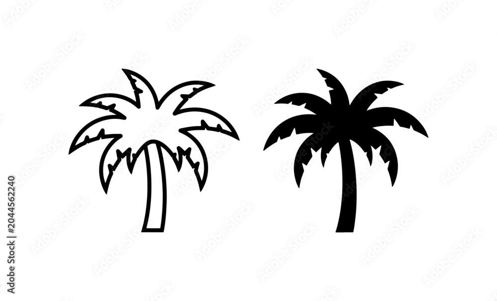 Fototapeta premium Palm Tree Icons: Tropical Silhouette & Outline Vector Graphics
