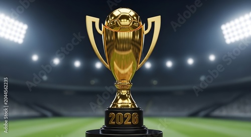 Golden Football Championship Trophy with 2026 Text on Black Pedestal