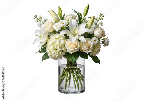 Bouquet of white lilies, roses, and hydrangeas arranged in a clear cylindrical glass vase against a solid black background