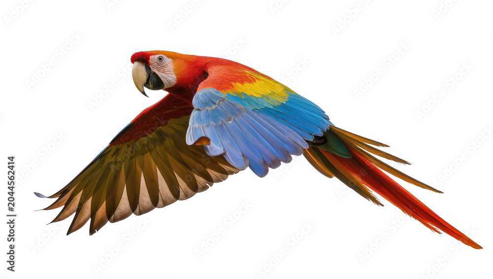 Obraz premium Scarlet Macaw parrot flying with colorful wings spread