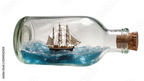 Billede på lærred Sailing ship model in a glass bottle with blue waves