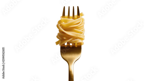 Tableau sur toile Golden fork with fettuccine pasta twirled on tines