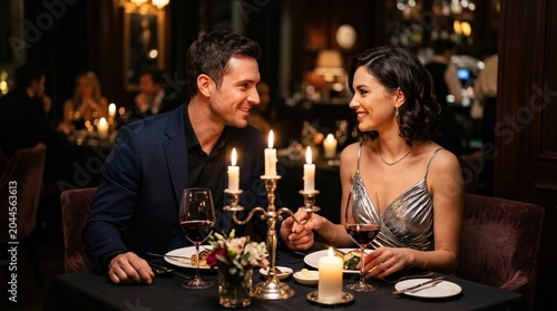 Romantic candlelit dinner in a dark elegant restaurant shows a handsome man looking affectionately at a woman in a shimmering silver dress.