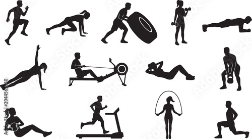 Collection of diverse fitness activity silhouettes illustrating various workout routines, showcasing a range of exercises for health and a healthy lifestyle
