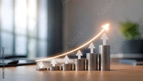 Financial growth and investment success concept featuring coin stacks with upward arrows and glowing ascending profit line