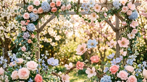 Soft pink and blue floral spring background with delicate paper flowers and gentle sunlight, elegant springtime scene