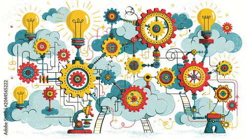 Innovative work showing gears and light bulbs transforming ideas into systems