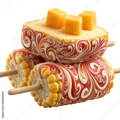 Stacked surreal food corn, cheese, all with patterned glaze