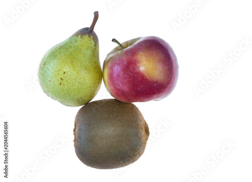 A green pear, a red-green apple and a kiwi, sideview, on white background