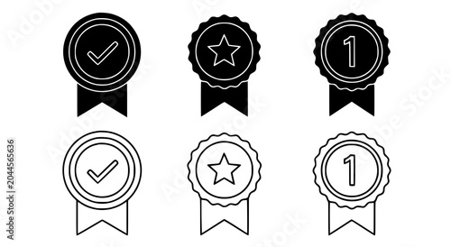 Foto Set of award ribbons and badges with checkmark star and first place symbol, achi