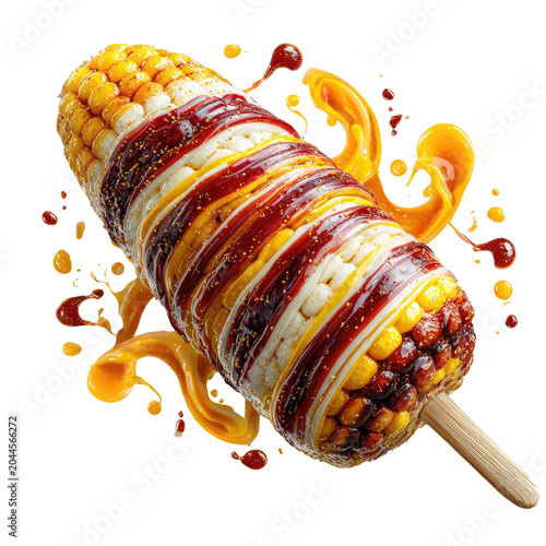 Corn-on-the-cob with sauce swirls, a vibrant food still life