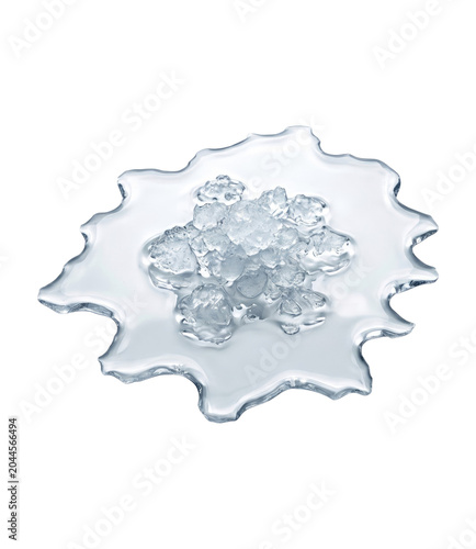 Melting ice puddle with scattered ice cubes and clear water on a transparent background, studio close-up showing wet, glossy, crystalline texture