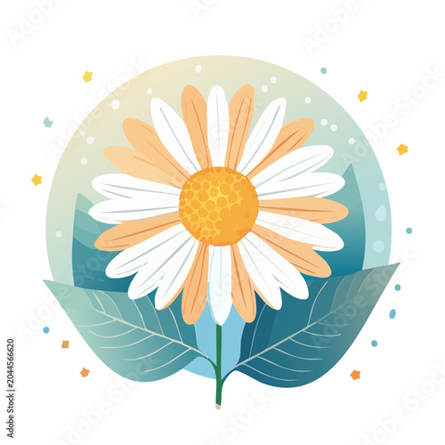 Stylized Daisy Flower with Leaves and Abstract Shapes