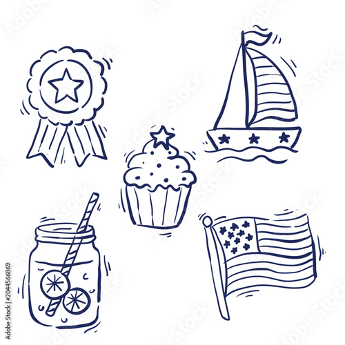 Fourth of July celebration doodle icons with star badge, cupcake, sailboat, American flag, and lemonade, black and white vector illustration set