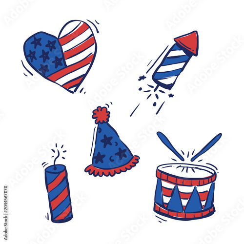 Fourth of July celebration doodle icons with American flag hearts, fireworks, party hat, drum, and firecracker, vector illustration set