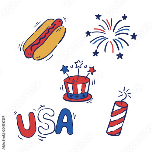 Fourth of July celebration doodle icons with hot dog, fireworks, American hat, USA text banner, and firecracker, vector illustration set